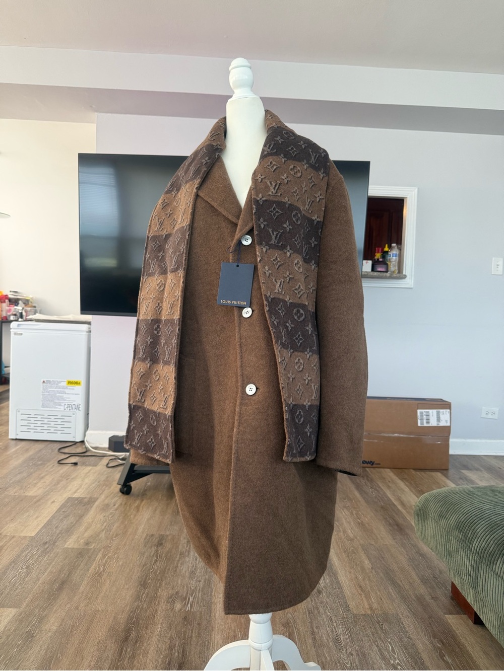 Louis Vuitton Brown Wool Pea Coat with Monogram Scarf